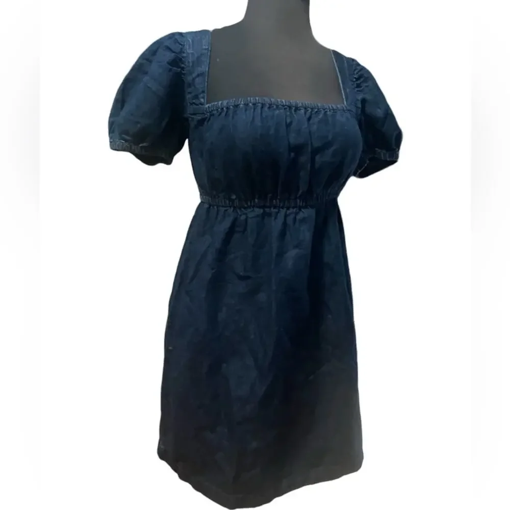 J.Crew Denim Milk Maid Square Neck Puff Sleeve Boho Coquette Babydoll Mini Dress
